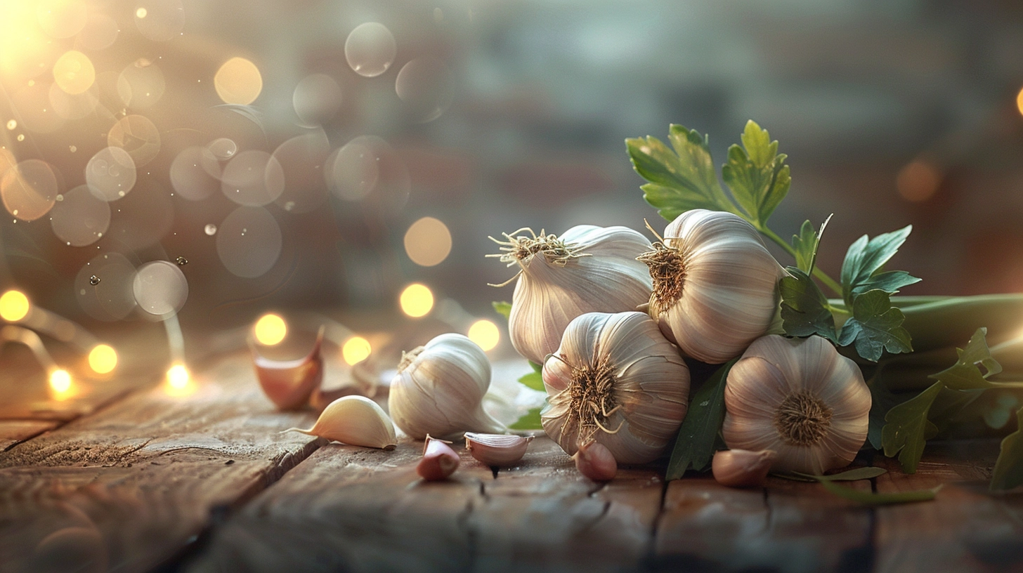 Photorealistic image of fresh garlic on a wooden table, representing garlic dream meanings