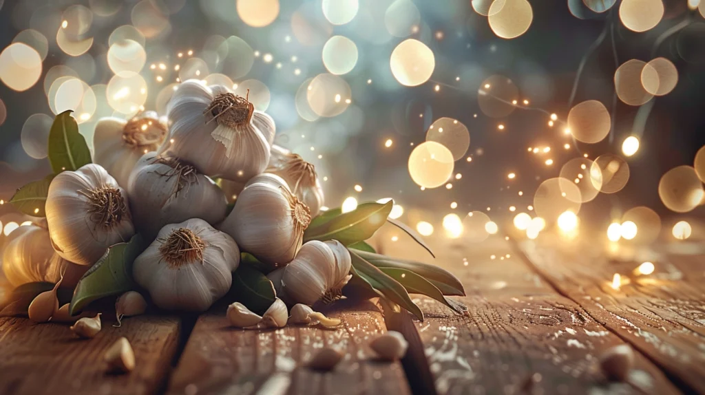  Photorealistic image of fresh garlic on a wooden table, representing garlic dream meanings